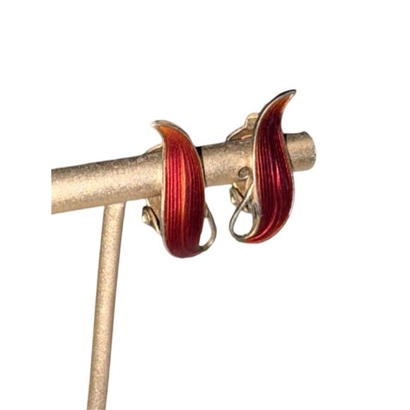 Aksel Holmsen Norway Vintage Red Guilloche Enamel Sterling Silver Vtg Earrings - Picture 5 of 10
